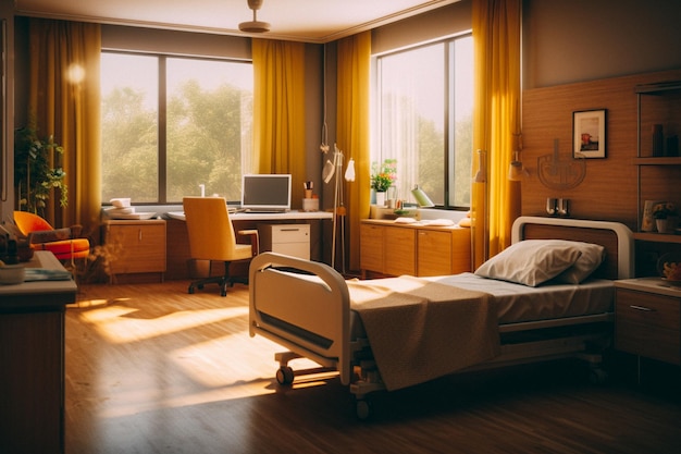 A bedroom with a bed and a desk with a window that says'i love you '