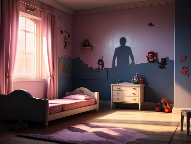 a bedroom with a bed and a dresser in it and a shadow of a person on the wall