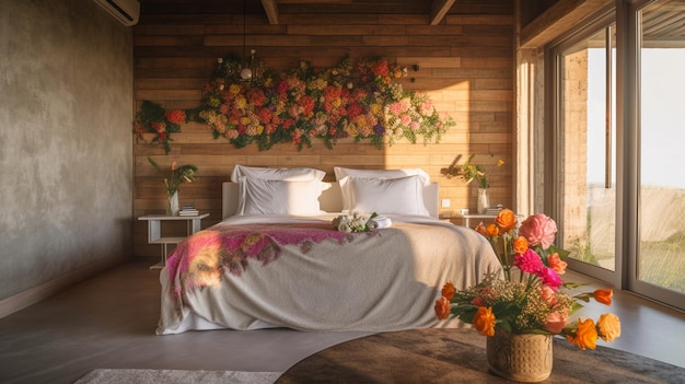 A bedroom with a bed and flowers on the wall