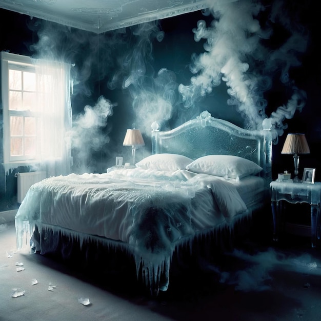 Фото Спальня с кроватью холодная температура замороженная и холодная покрыта льдом нет романтики