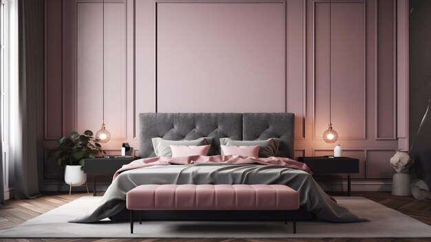 A bedroom with a bed and a grey headboard.