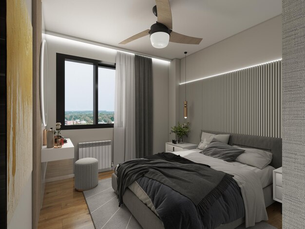 a bedroom with a bed and a lamp on the ceiling