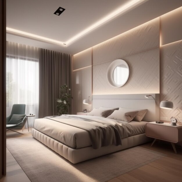 a bedroom with a bed and a lamp on the ceiling