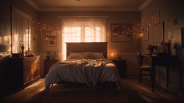 A bedroom with a bed and a lamp hanging from the ceiling.