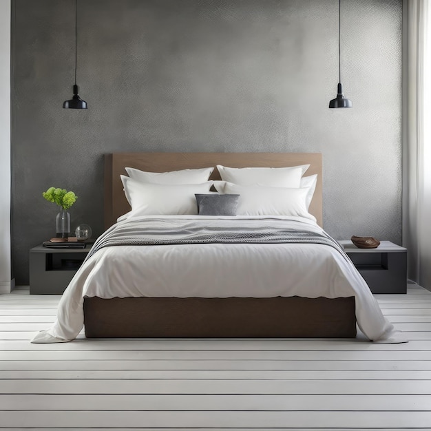 A bedroom with a bed and a lamp hanging from the ceiling.