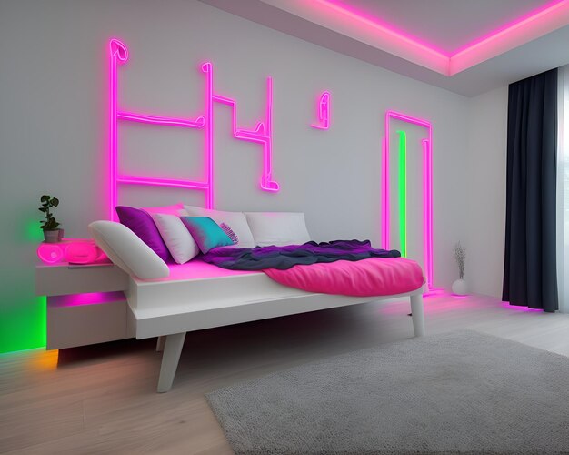 A bedroom with a bed and a lamp that says'the word'on it '