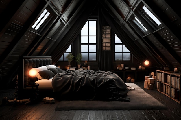 ベッドと「睡眠」という言葉が書かれたランプのある寝室