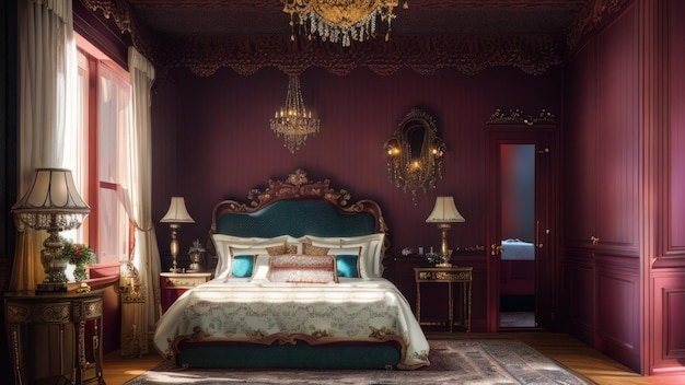 A bedroom with a bed and a lamp on the wall