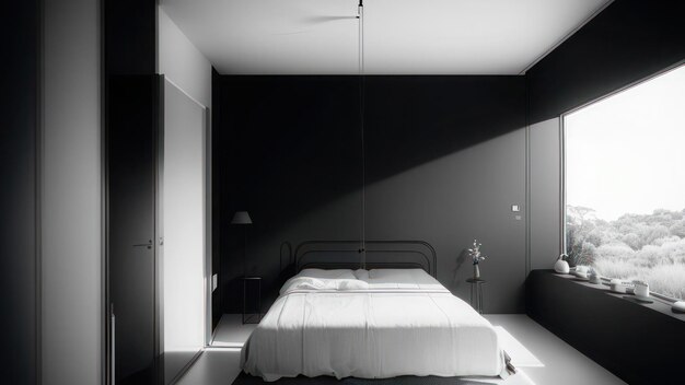 A bedroom with a bed and a lamp on the wall