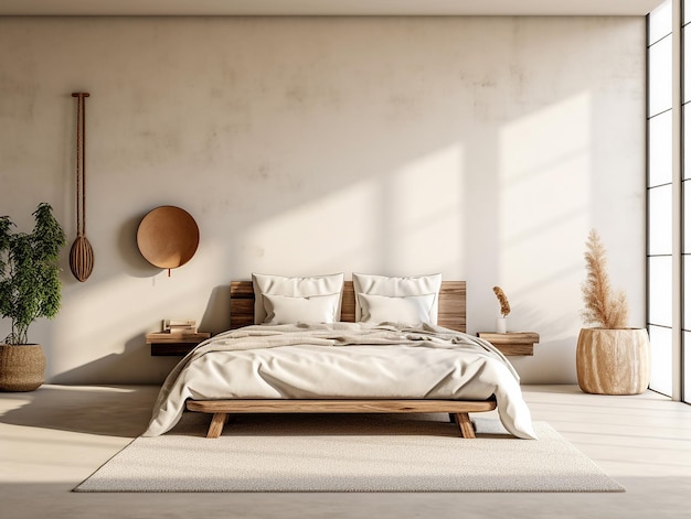 a bedroom with a bed and a lamp on the wall.