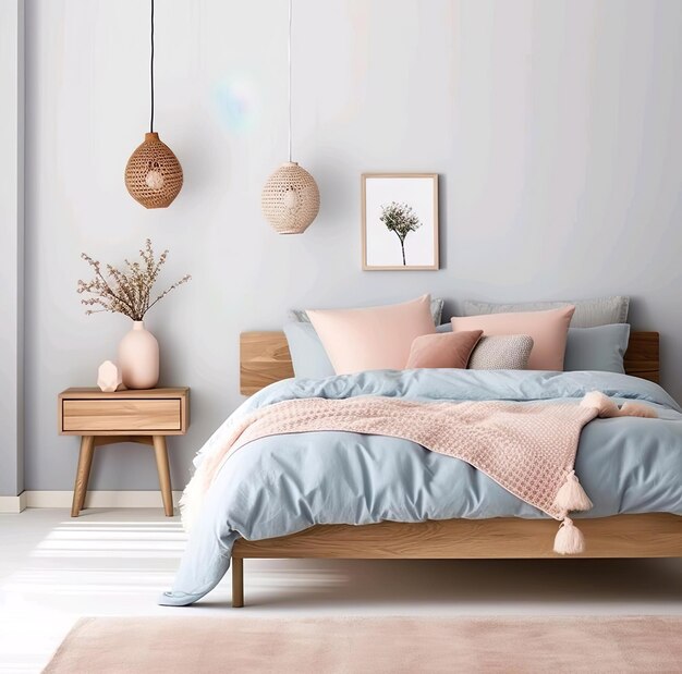 A bedroom with a bed and a lamp on the wall