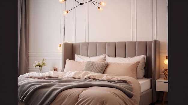 A bedroom with a bed and a lamp