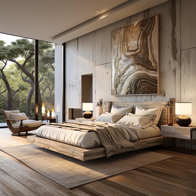 a bedroom with a bed and a large painting on the wall