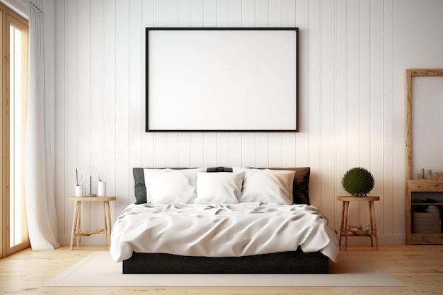 A bedroom with a bed and a large white frame on the wall.