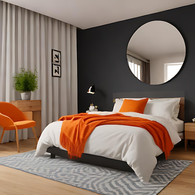 a bedroom with a bed a mirror and a chair with an orange blanket