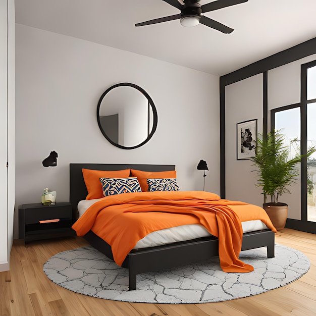 a bedroom with a bed a mirror and a rug with a bed with an orange blanket