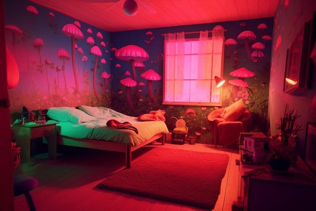 A bedroom with a bed and mushrooms on the wall