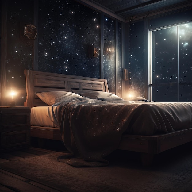 A bedroom with a bed and a night sky with stars on it.