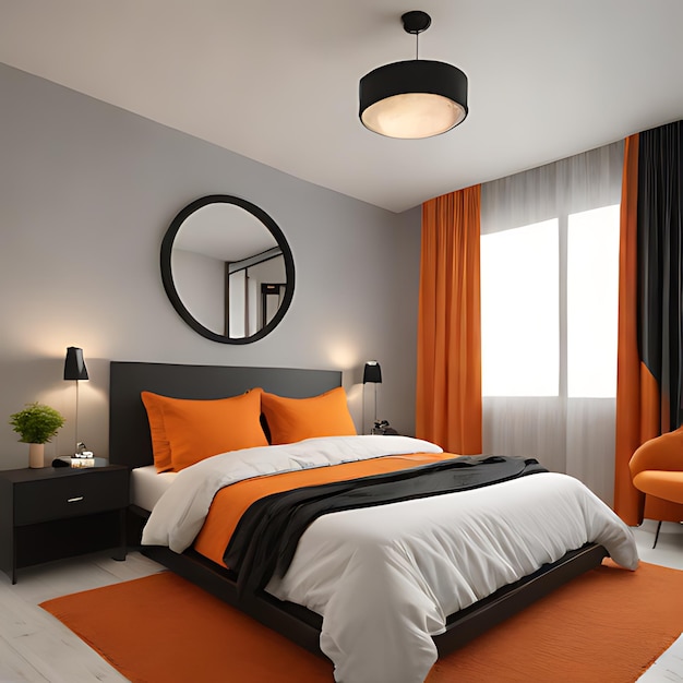 a bedroom with a bed orange and black pillows and a round mirror