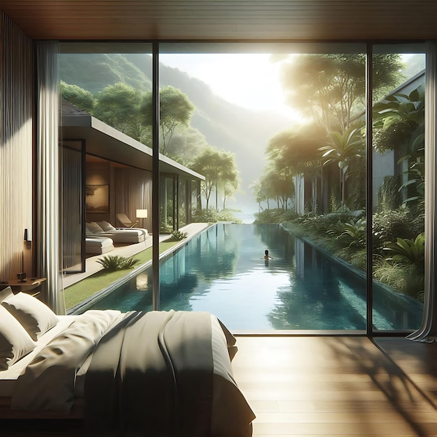 침대 와 산 을 바라보는 수영장 의 그림 이 있는 침실