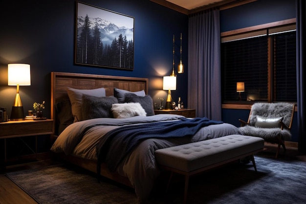 a bedroom with a bed and a picture of a mountain range above it