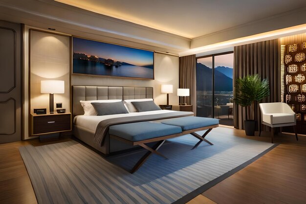 A bedroom with a bed and a picture of a mountain view.