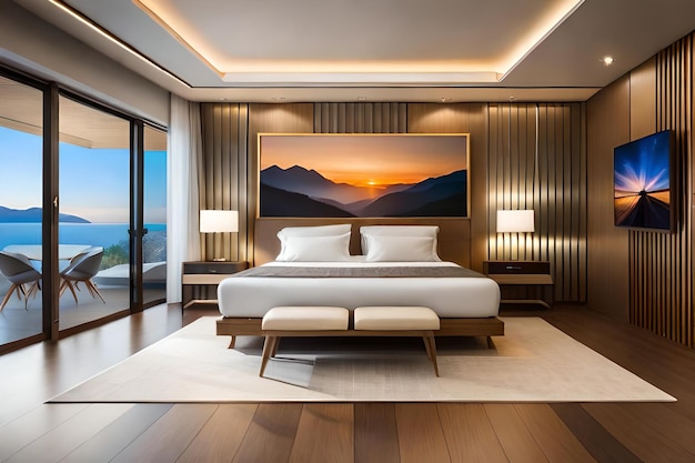 ベッドと夕日の写真が壁に貼られた寝室。