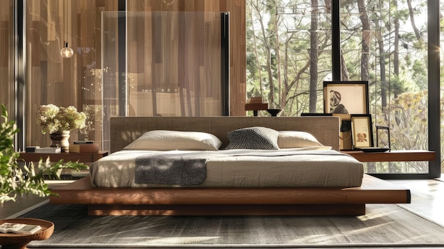 a bedroom with a bed and a picture of a tree outside