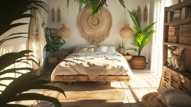 Photo a bedroom with a bed and a plant in the corner