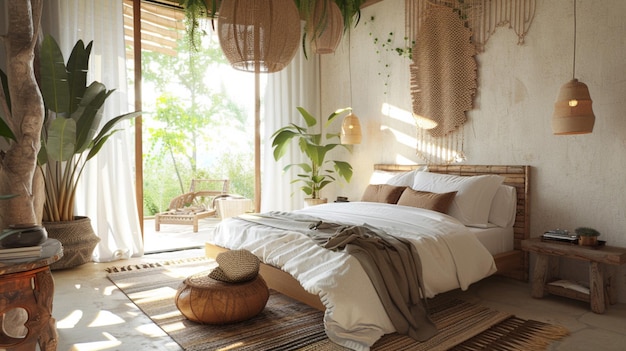 Photo a bedroom with a bed and a plant in the corner