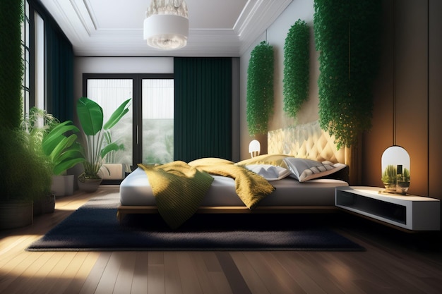 A bedroom with a bed and a plant wall.