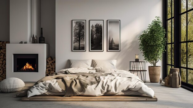 a bedroom with a bed and a plant on the wall