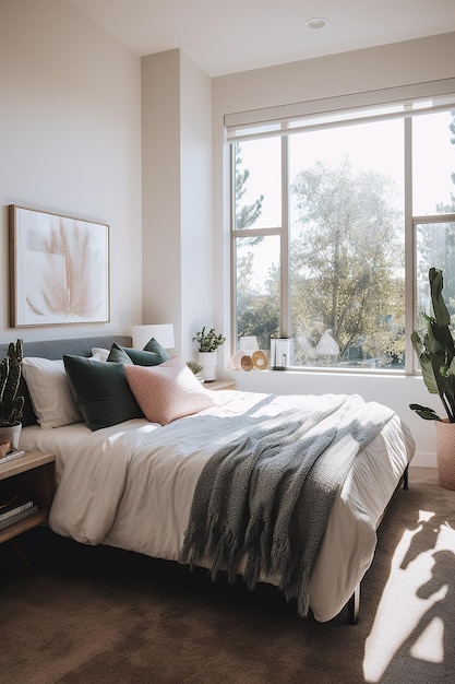 A bedroom with a bed and a plant on the window sill