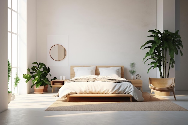 a bedroom with a bed and plants on the wall