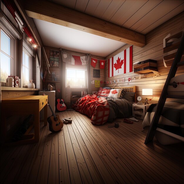 ベッドの赤と白の枕と側にカナダの文字が書かれた赤い枕を持つ寝室