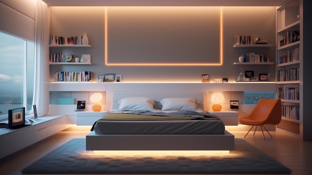 a bedroom with a bed, shelves, and a shelf with books on it.