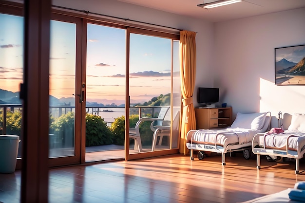 A bedroom with a bed and a sliding glass door that says " the view ".