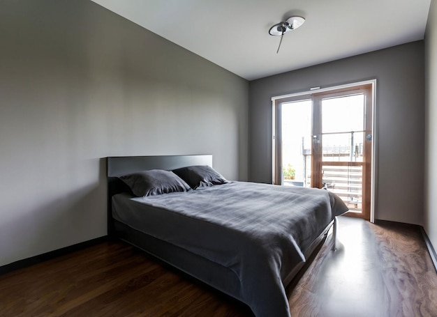 A bedroom with a bed and a sliding glass door