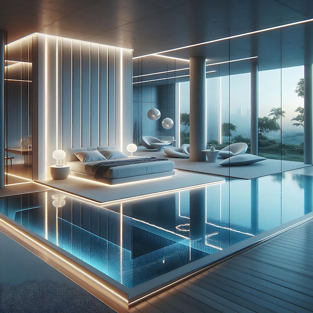 a bedroom with a bed a table and a bed with a pool in it