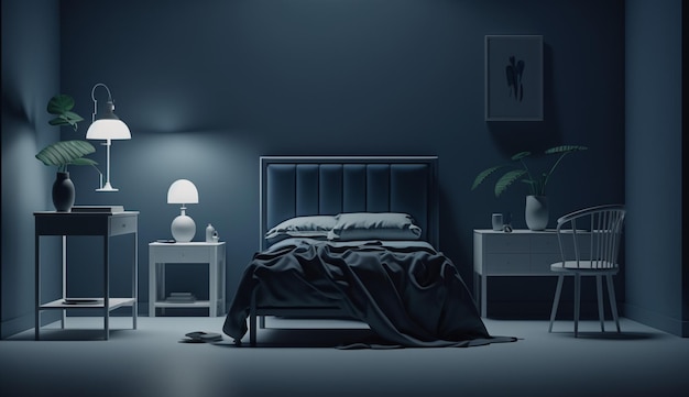 A bedroom with a bed and a table front viewclean Navy Generative Ai