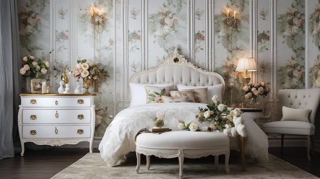 A bedroom with a bed and a table with a lamp and flowers on it.