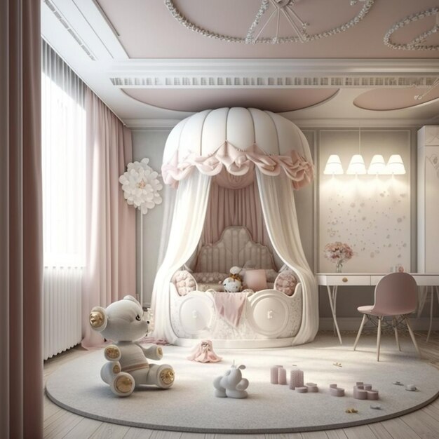 A bedroom with a bed and a teddy bear on the floor.