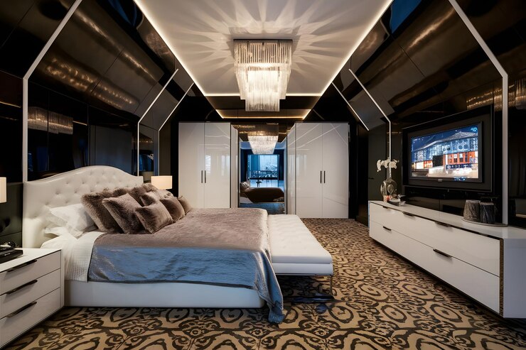 Photo a bedroom with a bed and a tv on the wall