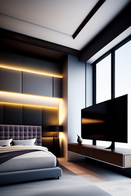 A bedroom with a bed and a tv on the wall