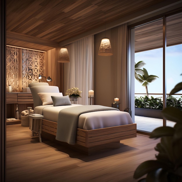 ベッドのある寝室花瓶と海の景色のある窓