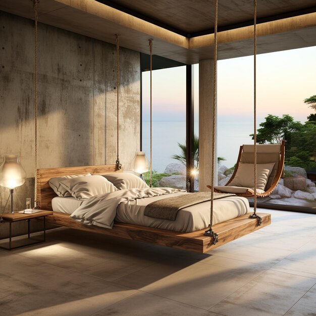 a bedroom with a bed and a view of the ocean