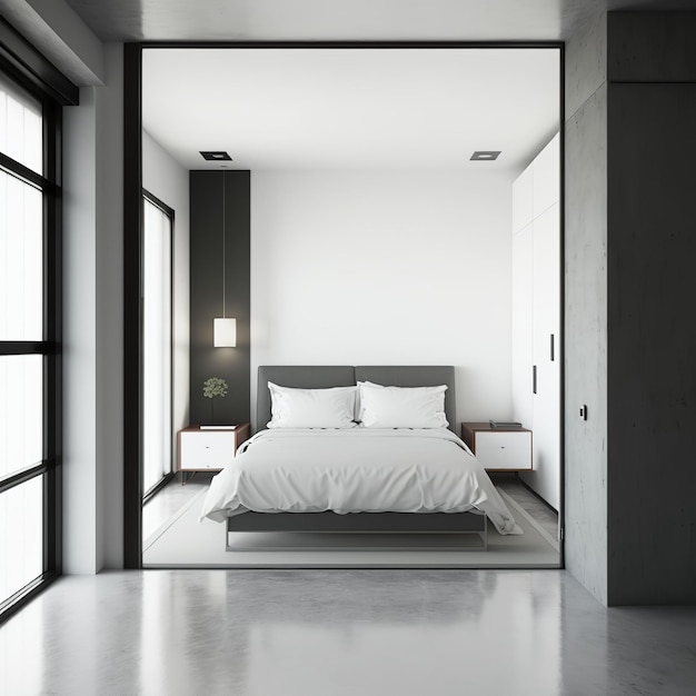 A bedroom with a bed and a wall mounted lamp.