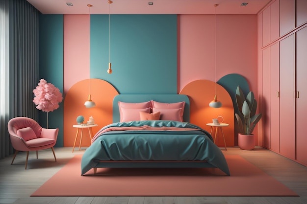 A bedroom with a bed and a wall with orange and blue walls.