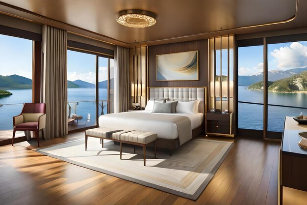 A bedroom with a bed and a window overlooking a lake.