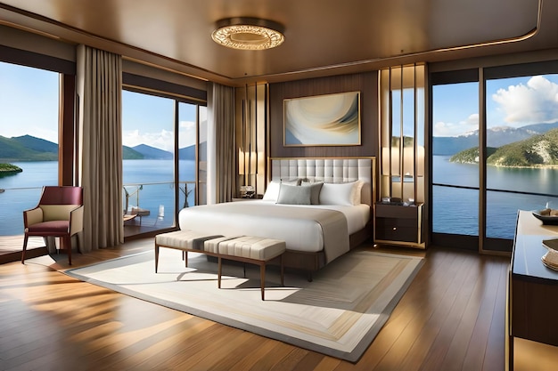A bedroom with a bed and a window overlooking a lake.